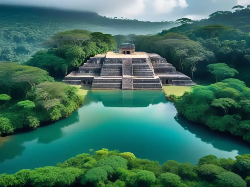 Intrincados reservorios mayas rodeados de vegetación exuberante, revelando estrategias mayas clima variabilidad reservorios