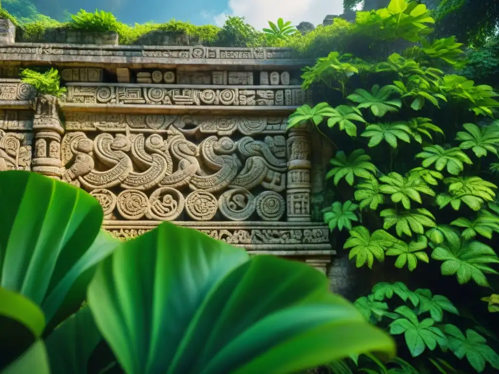 Intrincados símbolos vegetales mayas tallados en ruina arquitectónica, entretejidos con enredaderas verdes