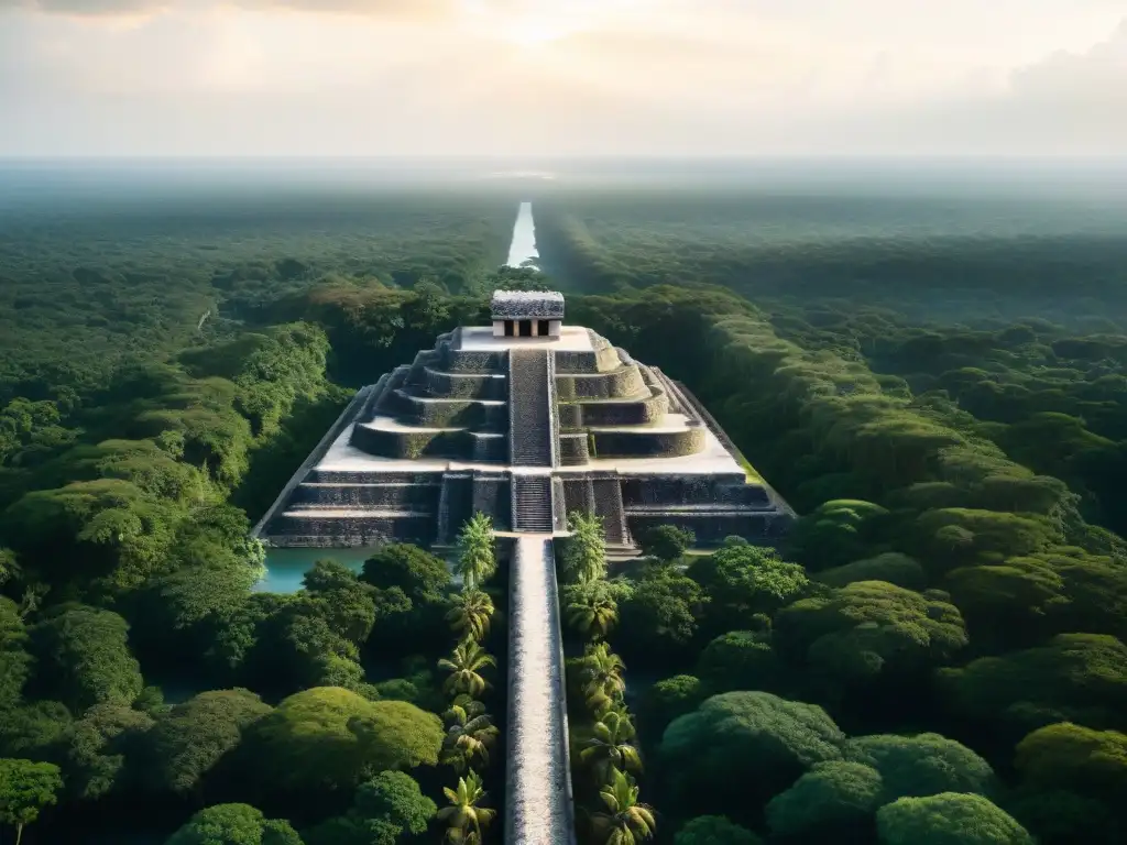 Intrincados sistemas hidráulicos mayas entre vegetación tropical, resaltando su relevancia histórica y sostenible