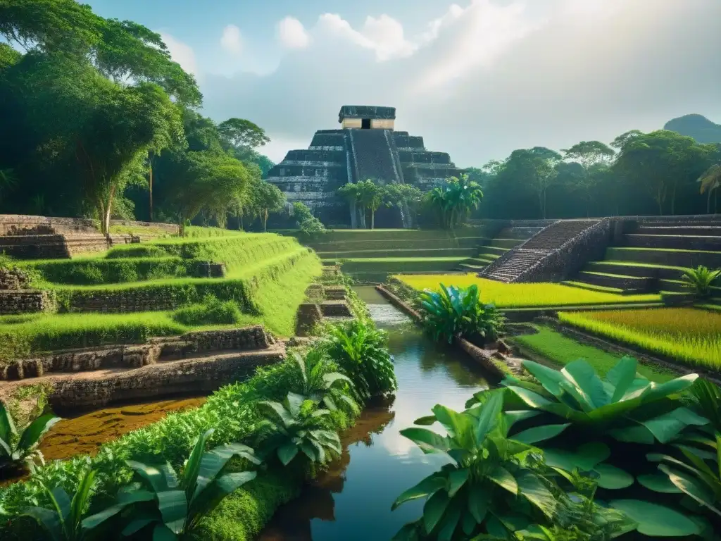 Intrincados sistemas de irrigación en la civilización maya, reflejando armonía entre tecnología y naturaleza