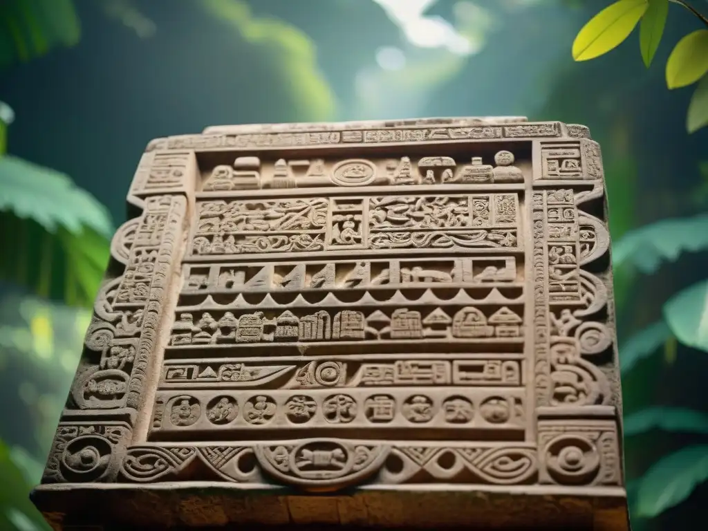 Intrincados textos mayas esculpidos en estela antigua de Copán, entre exuberante vegetación