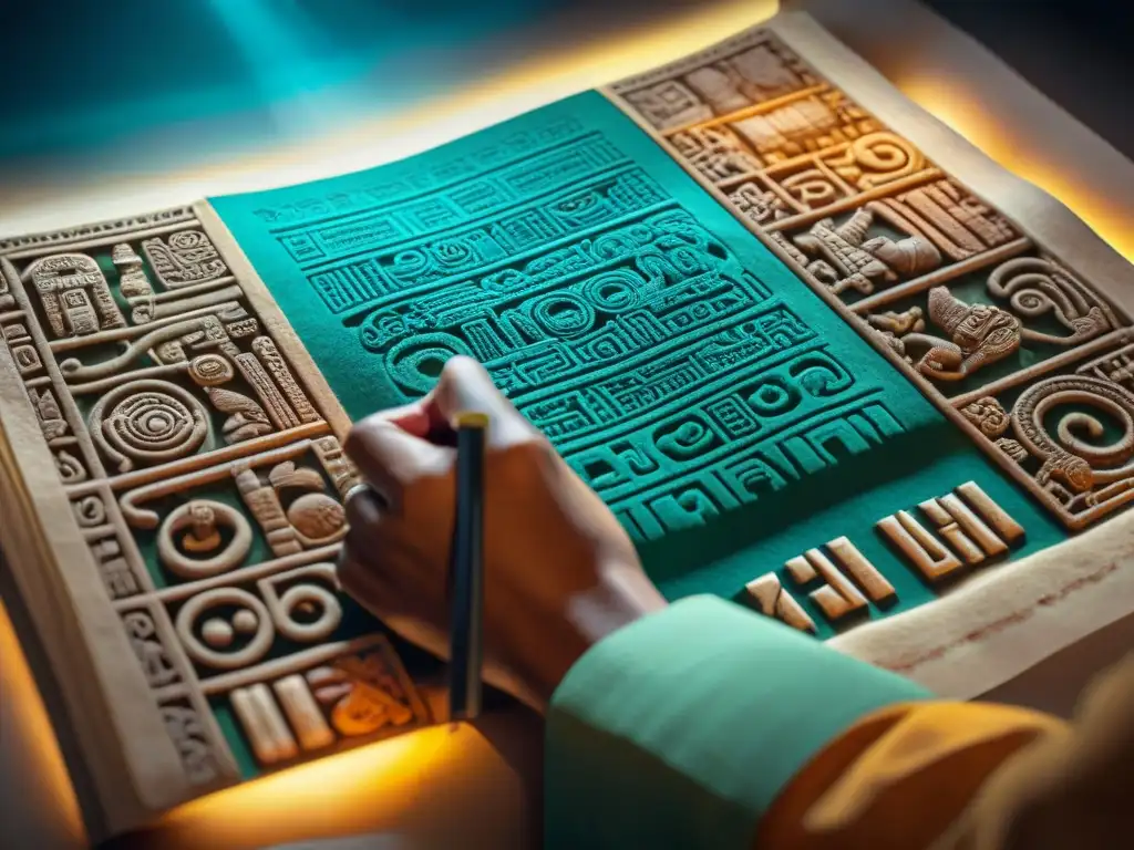 Un investigador descifrando un codex maya con cuidado, combinando academia y turismo