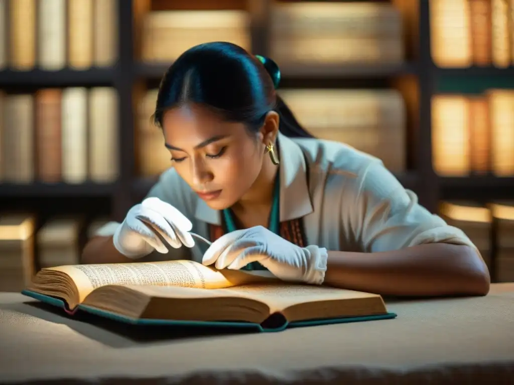 Un investigador examina con reverencia un antiguo códice maya bajo luz suave, rodeado de libros y artefactos antiguos