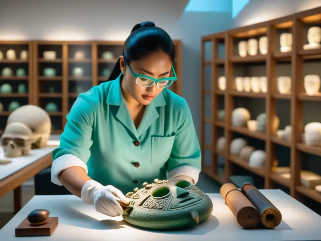 Investigadores examinan detenidamente una máscara de jade maya en un laboratorio de conservación