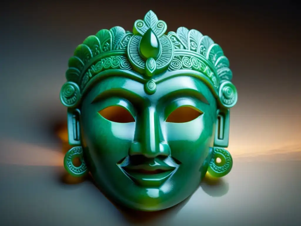 Máscara de jade maya: detalle y artesanía en alta resolución Un jade maya ricamente tallado, reflejando la artesanía y simbolismo de esta piedra en la sociedad maya