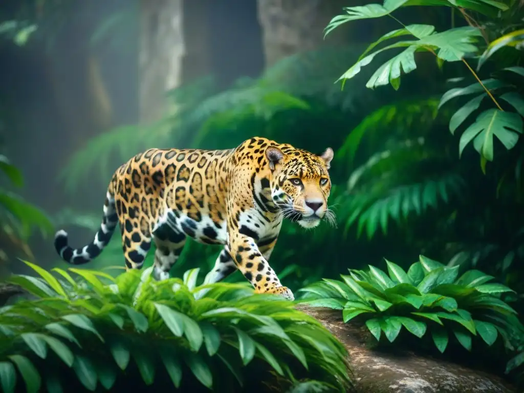 Un jaguar dorado se desliza entre la exuberante selva maya, revelando el significado jaguar en civilización maya