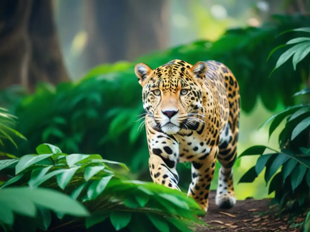 Un jaguar majestuoso se desliza sigilosamente por la densa jungla de la civilización maya, con su vibrante pelaje dorado iluminado por el sol entre las hojas