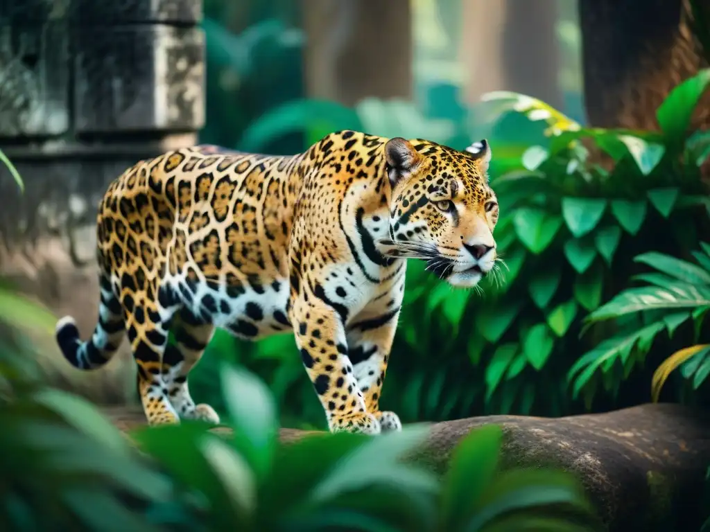 Un jaguar majestuoso se desliza entre la exuberante jungla de la civilización maya