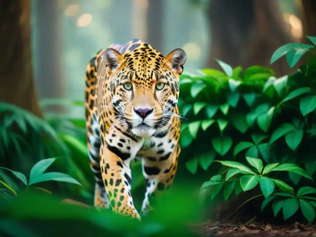 Un jaguar majestuoso acecha en la exuberante jungla maya