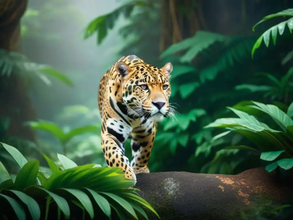 Un jaguar majestuoso se desliza sigilosamente entre la exuberante selva maya, simbolizando el significado del jaguar en la civilización maya