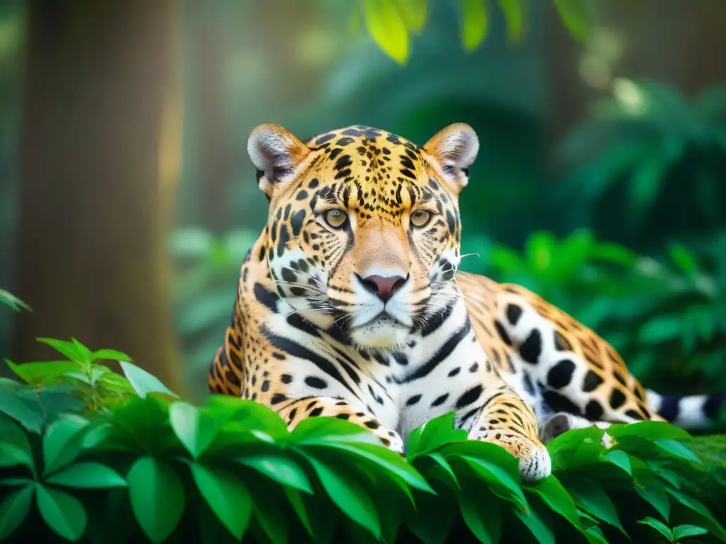 Un jaguar majestuoso reposa entre la exuberante selva tropical, exudando poder y misterio