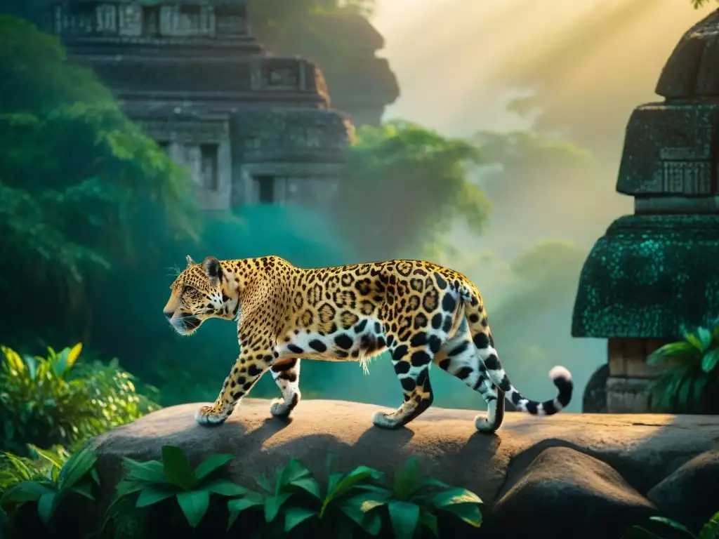 Un jaguar majestuoso explorando la jungla guatemalteca entre ruinas mayas, simbolizando el equilibrio entre especies en peligro maya