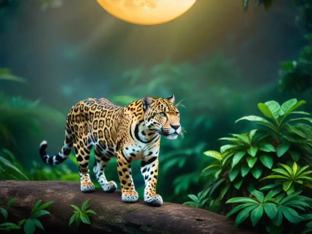 Un jaguar majestuoso acechando en la jungla maya bajo la luna llena