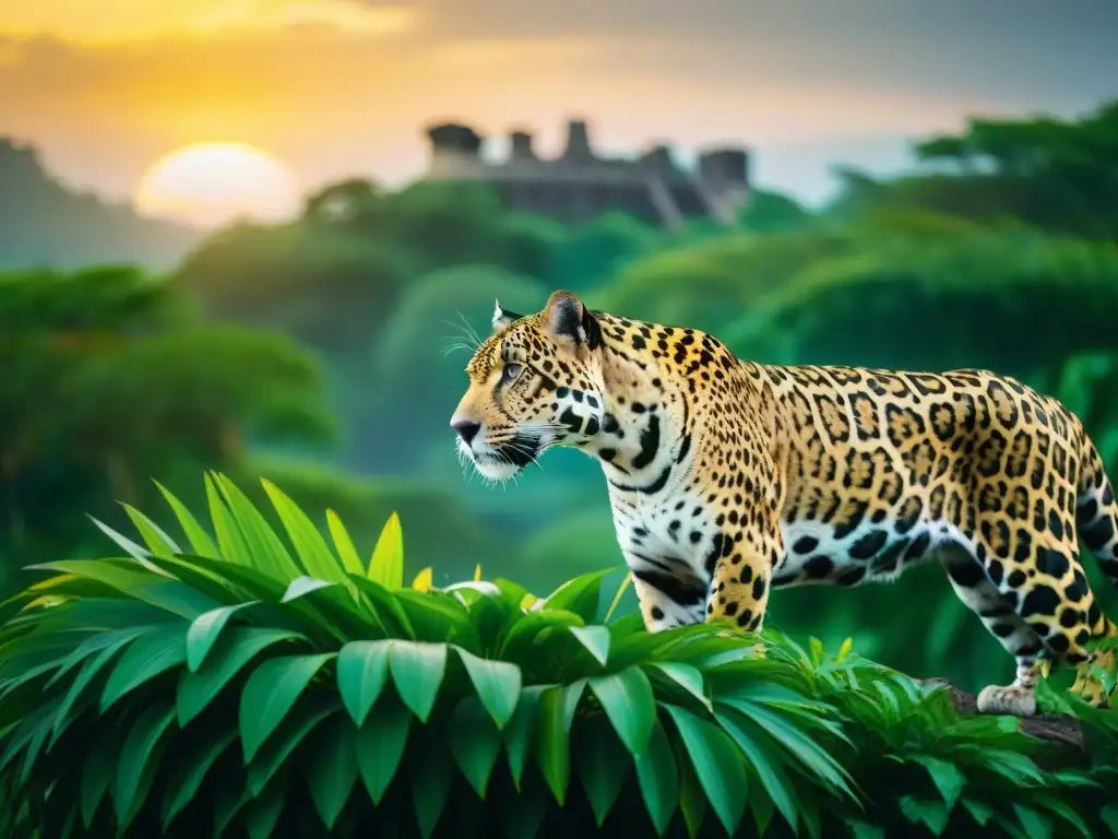 Un jaguar majestuoso en la jungla maya, junto a ruinas antiguas, bajo la luz dorada del atardecer