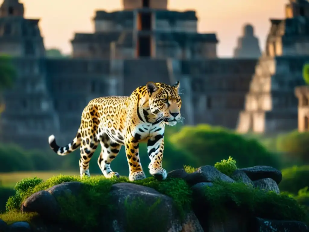 Un jaguar majestuoso acechando entre ruinas mayas, bajo la luz dorada del atardecer