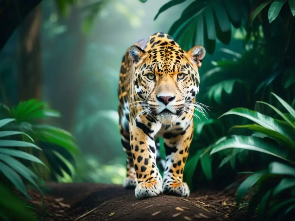 Un jaguar majestuoso se camufla en la selva de la cultura maya, sus ojos brillan en la oscuridad