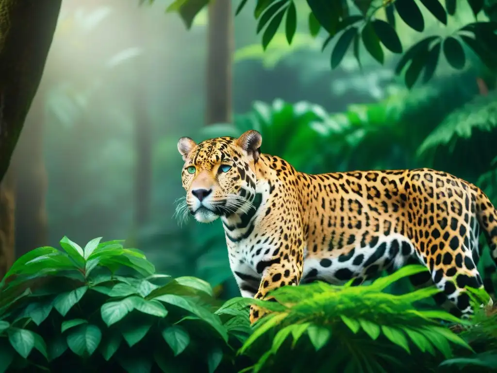 Un jaguar majestuoso en la selva exuberante, sus ojos reflejan poder y misterio