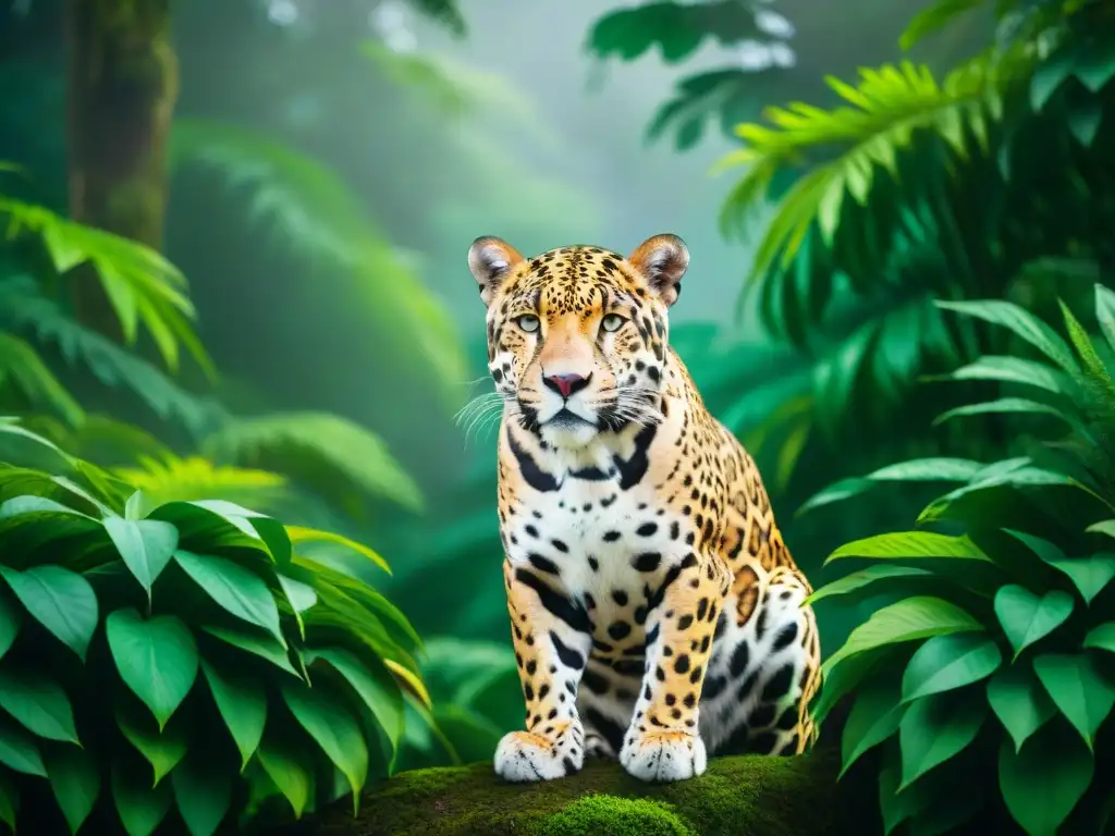 Un jaguar majestuoso en la selva maya, rodeado de símbolos y misterio