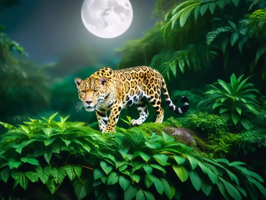 Un jaguar majestuoso acechando en la selva nocturna de la civilización maya