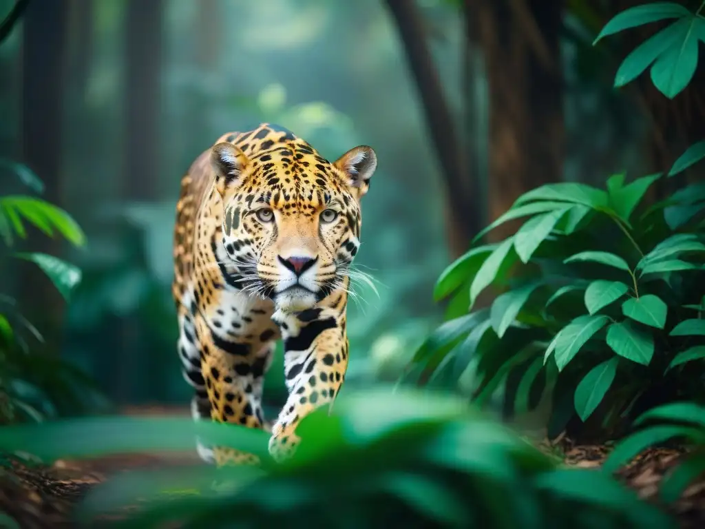 Un jaguar majestuoso en la selva, su pelaje brillante bajo la luz filtrada