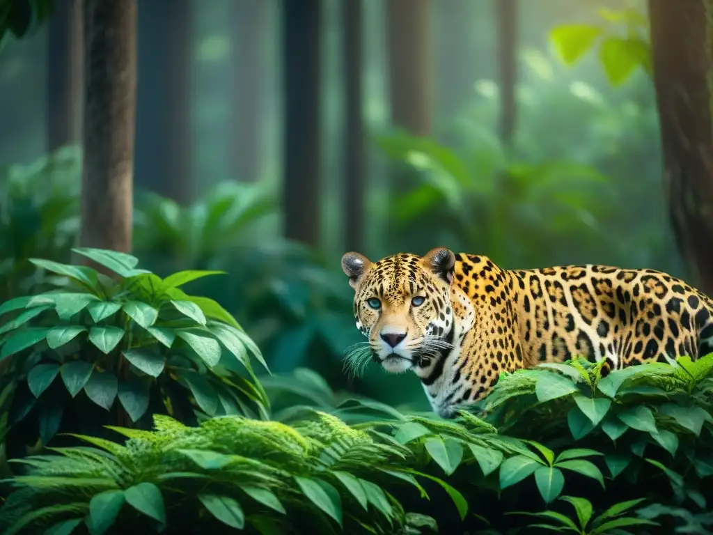 Un jaguar majestuoso en la selva del Maya, símbolo de poder y resistencia en especies en peligro maya