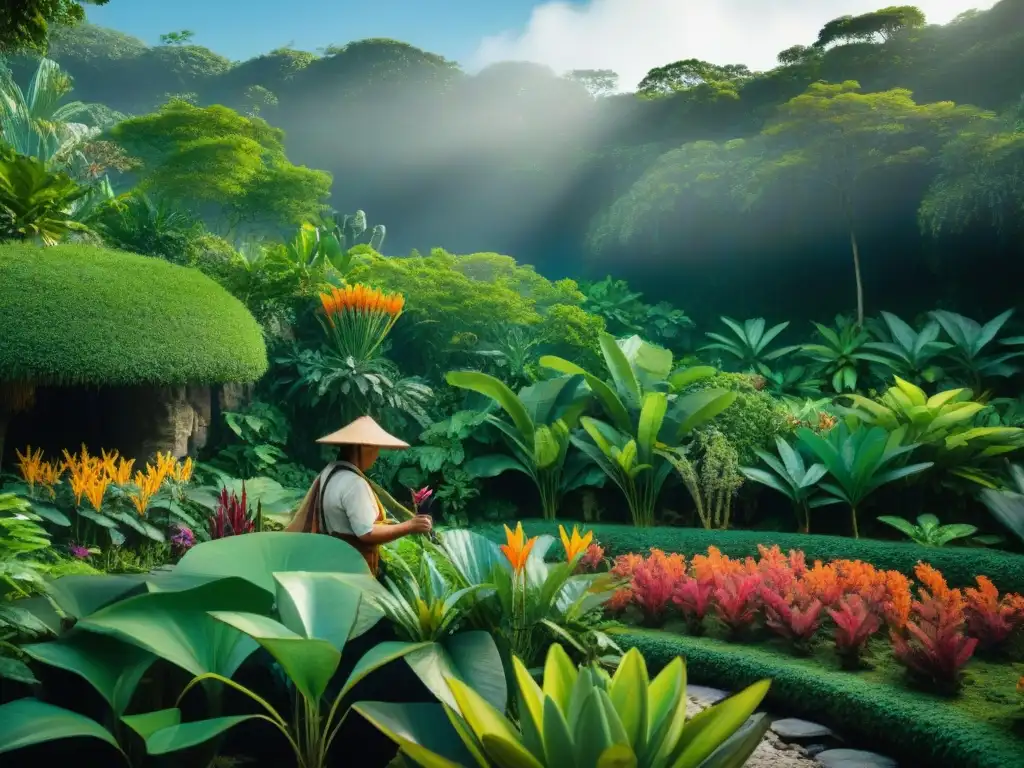 Un jardinero maya cuida un exuberante jardín, con mariposas y un cenote, demostrando la conservación de especies en jardines mayas