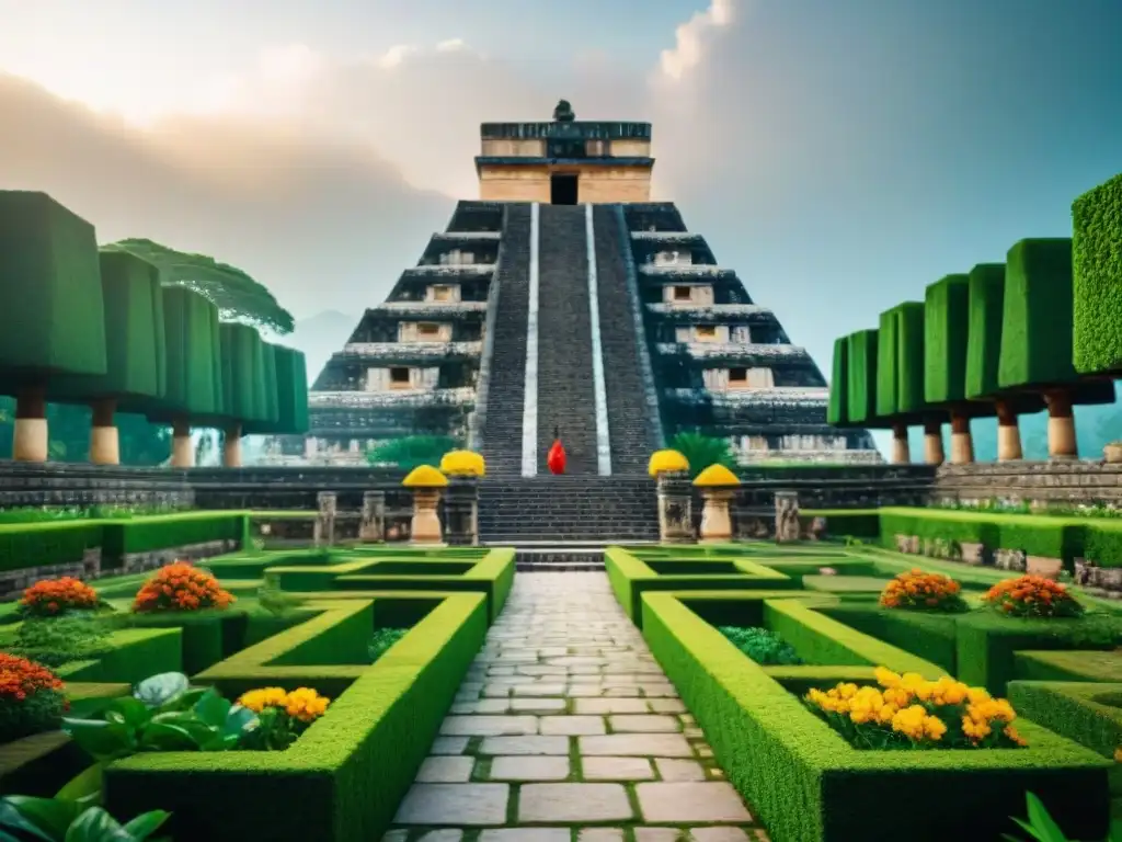 Jardines mayas en armonía con urbanismo: exuberante vegetación y caminos de piedra entre pirámides y estructuras ornamentadas