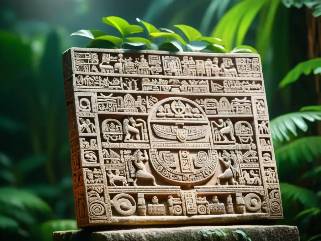 Jeroglíficos mayas cuentan historia y cultura en estela de piedra en la selva