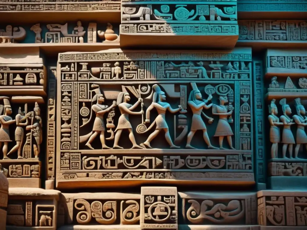 Jeroglíficos mayas tallados en piedra, revelando la historia y cultura de la civilización maya en un templo bien conservado