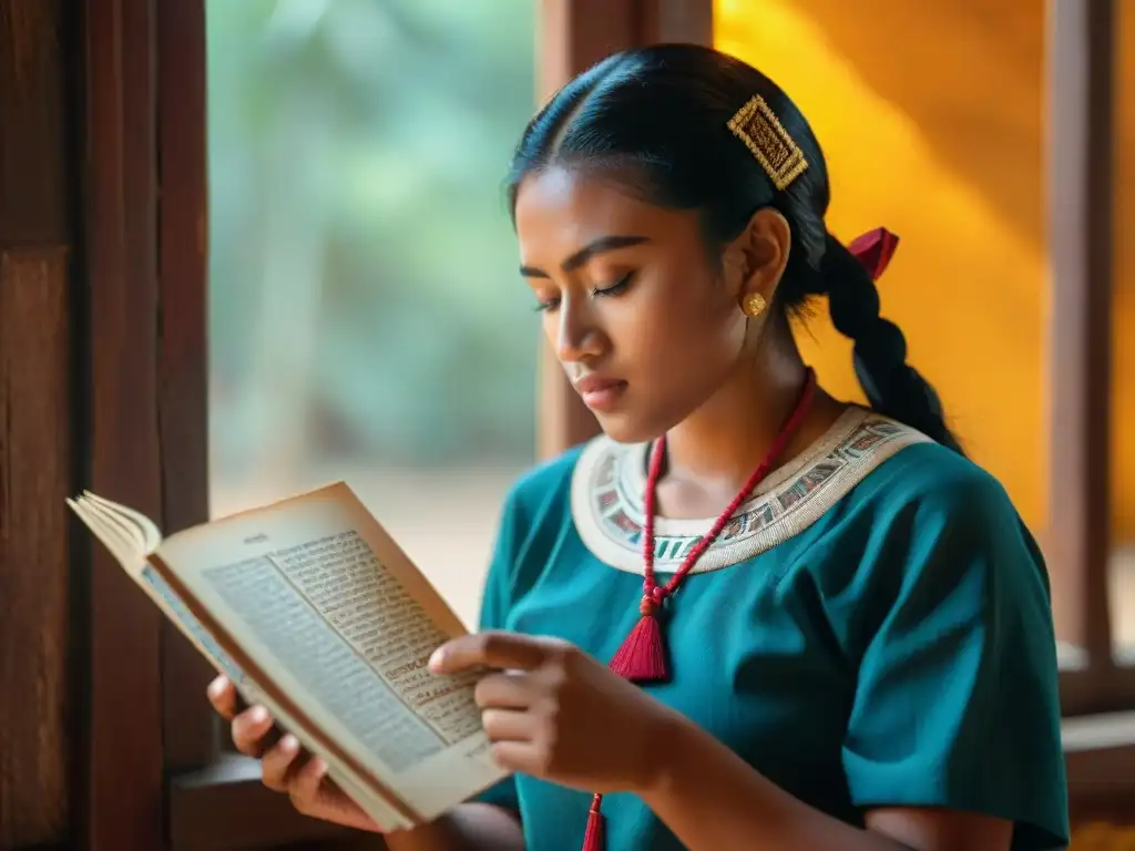 Un joven estudiante maya se sumerge en la lectura de un texto tradicional, iluminado por la cálida luz del sol en un aula rústica