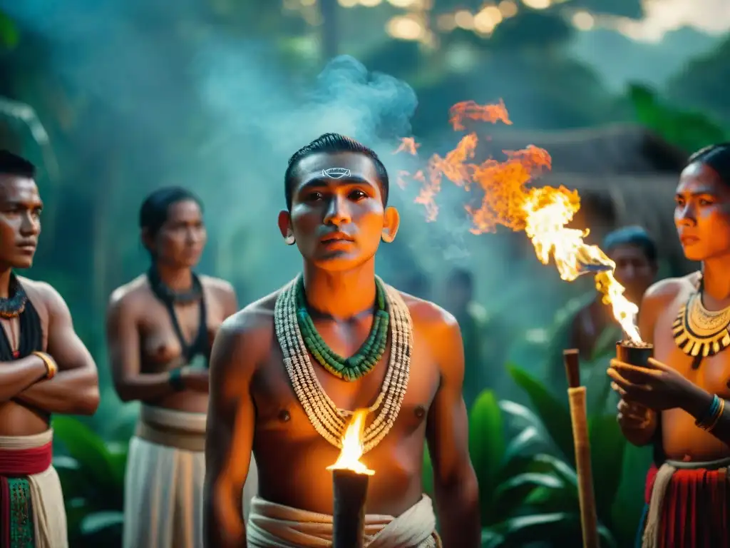 Joven maya en ritual de paso rodeado de ancianos y adornos ceremoniales en aldea remota