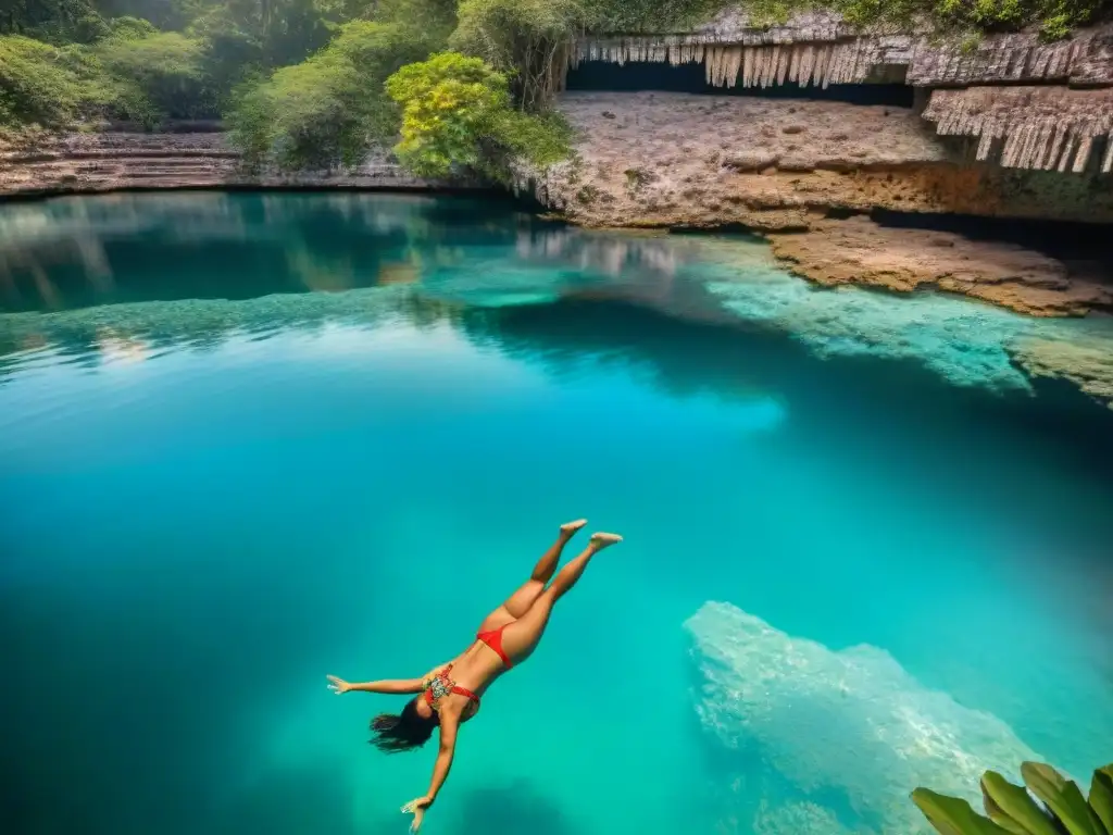 Joven mujer maya bucea en cenote cristalino rodeado de vegetación exuberante y flores tropicales, en una relación sagrada maya cenotes