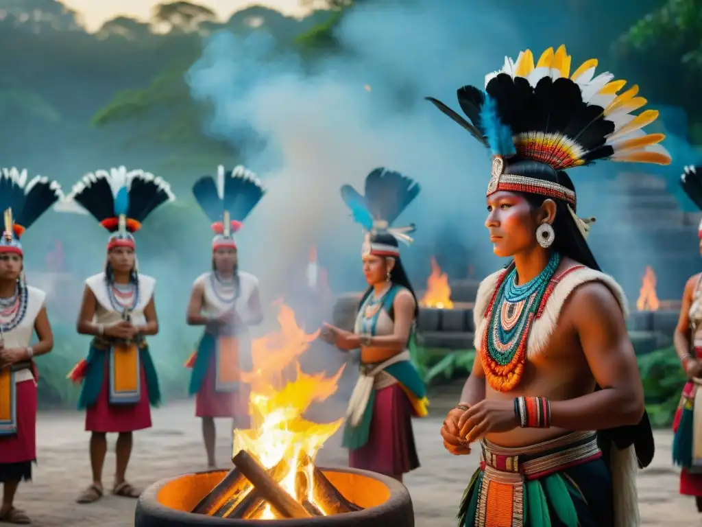 Jóvenes descendientes mayas reunidos alrededor de un fuego sagrado en una ceremonia al amanecer en ruinas de templo