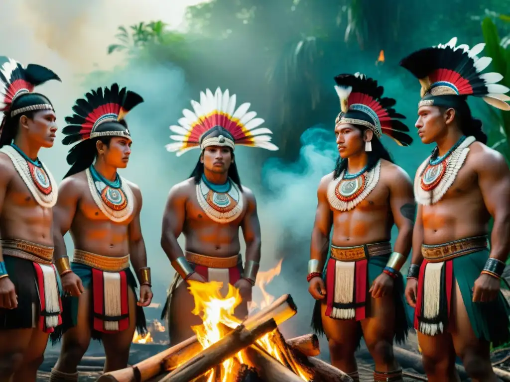 Jóvenes guerreros mayas en ritual de Rito de Paso, rodeados de naturaleza y fuego