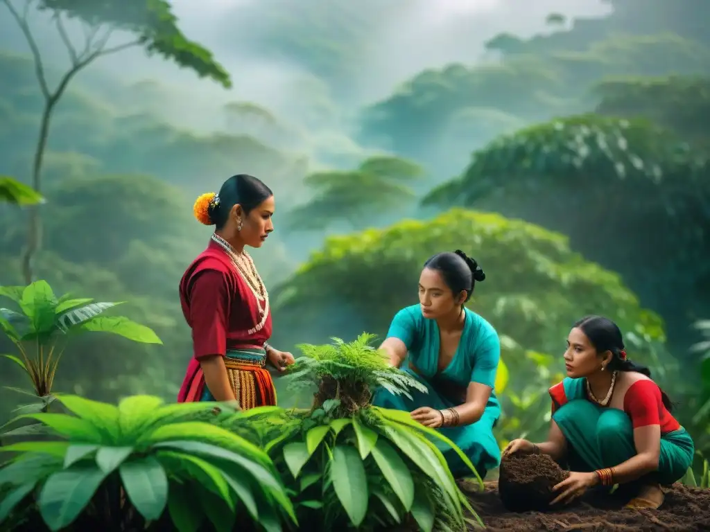 Jóvenes mayas plantan árboles en la selva, vistiendo ropa tradicional