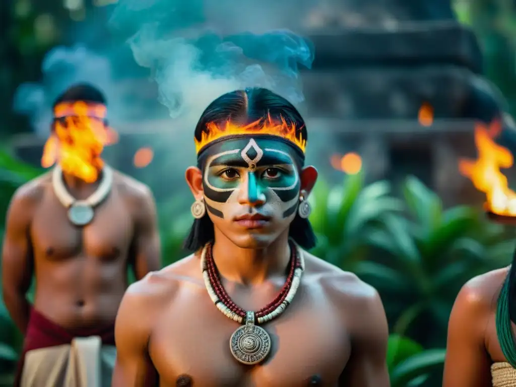 Jóvenes mayas en ceremonia de iniciación con símbolos y fuego