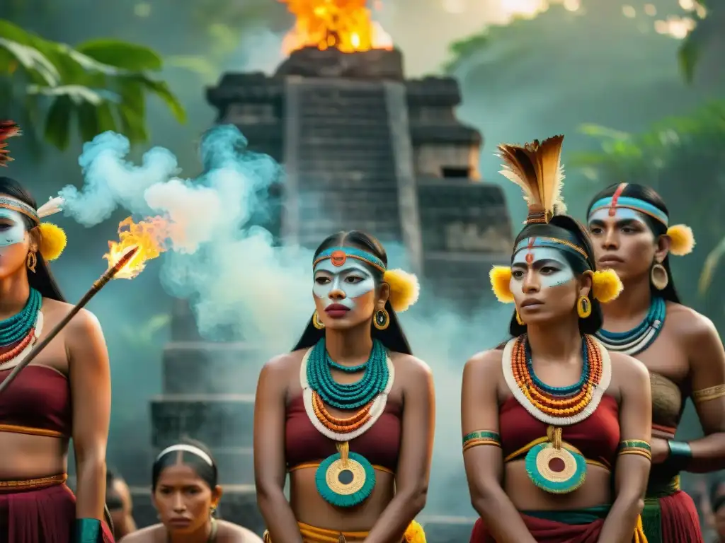 Jóvenes mayas en ceremonia con vestimenta tradicional y pinturas faciales en un círculo de fuego al amanecer en la jungla