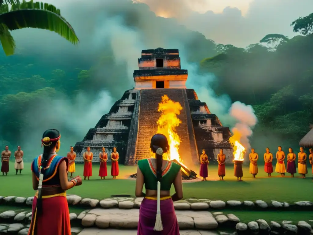 Jóvenes mayas danzando alrededor de un fuego sagrado en la selva