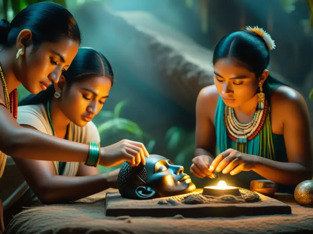 Jóvenes mayas restauran relicario maya con herramientas en cámara histórica iluminada