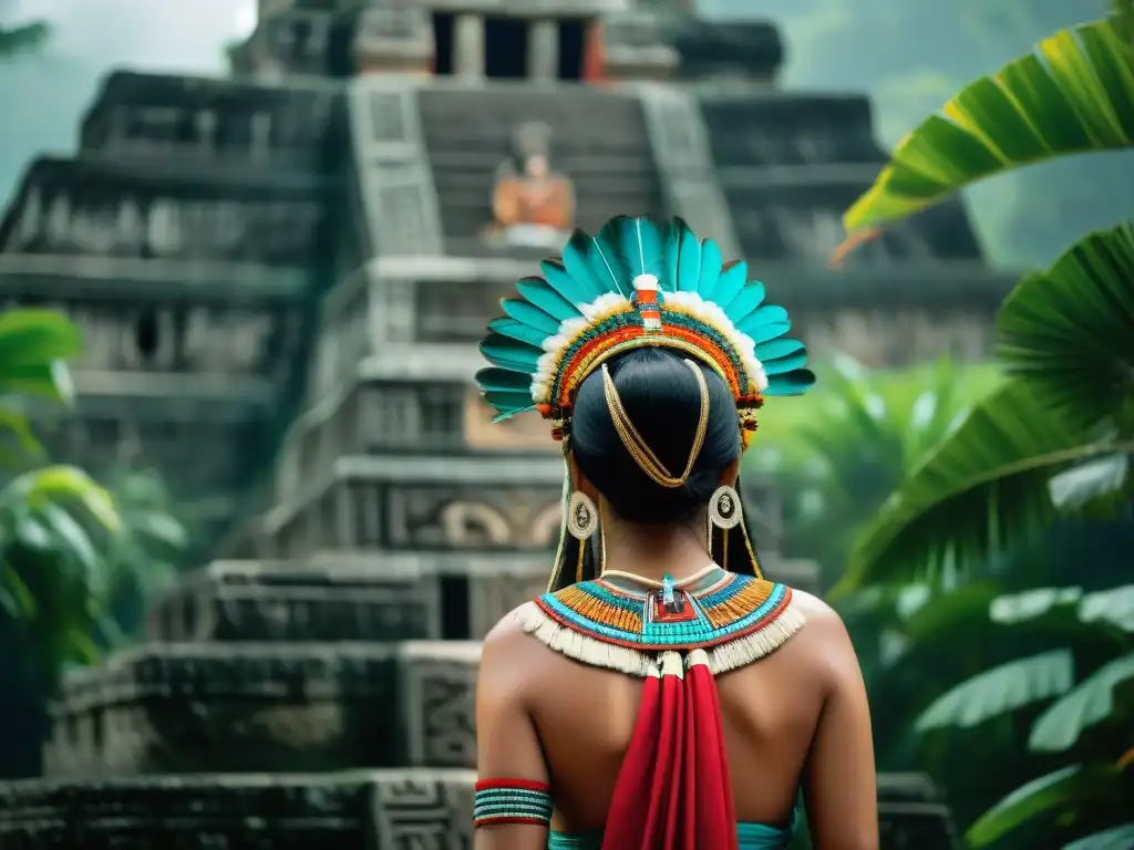 Jóvenes mayas en ritual de paso, con atuendos vibrantes y templo antiguo de fondo