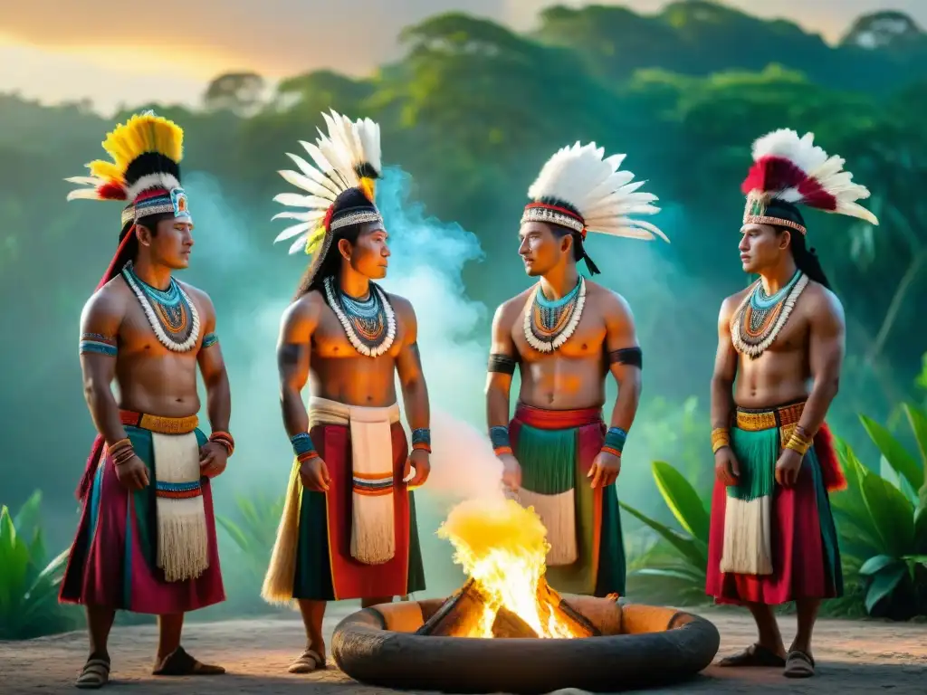 Jóvenes mayas en trajes tradicionales danzando alrededor del fuego en la selva