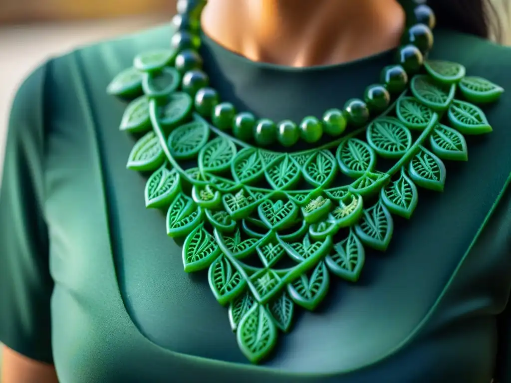 Una joya hereditaria de la cultura maya: collar de jade con intrincados detalles verdes, inspirado en la naturaleza y la mitología