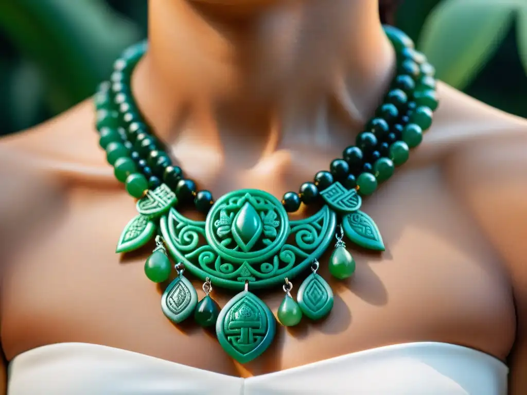 Una joya inspirada en la cultura maya: detallado collar de jade con símbolos y diseños tradicionales, reflejo de su arte y herencia