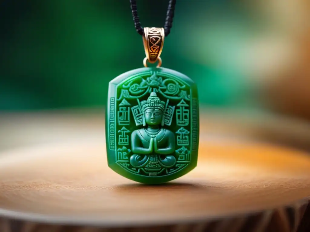 Una joya inspirada en la cultura maya: colgante de jade tallado con símbolos antiguos y un templo maya de fondo