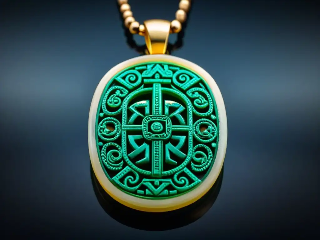 Una joya inspirada en los Mayas: colgante de jade tallado con símbolos mayas en un fondo de terciopelo oscuro, detallado y vibrante