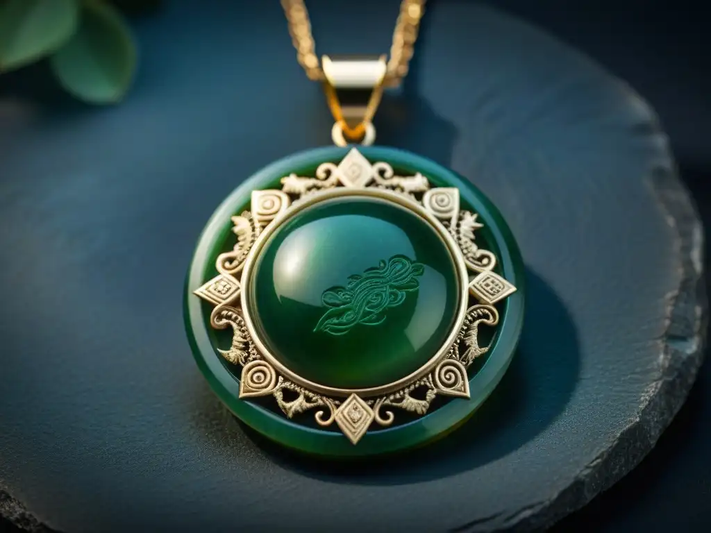 Una joya maya de jade celestial, con detalles astronómicos, sobre terciopelo oscuro