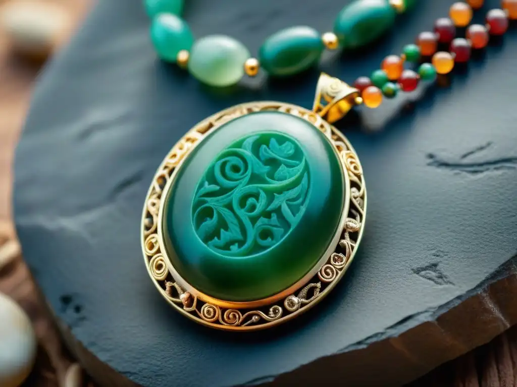 Una joya maya: collar de jade con detalles intrincados, arte en oro y piedras preciosas, entre jeroglíficos mayas antiguos