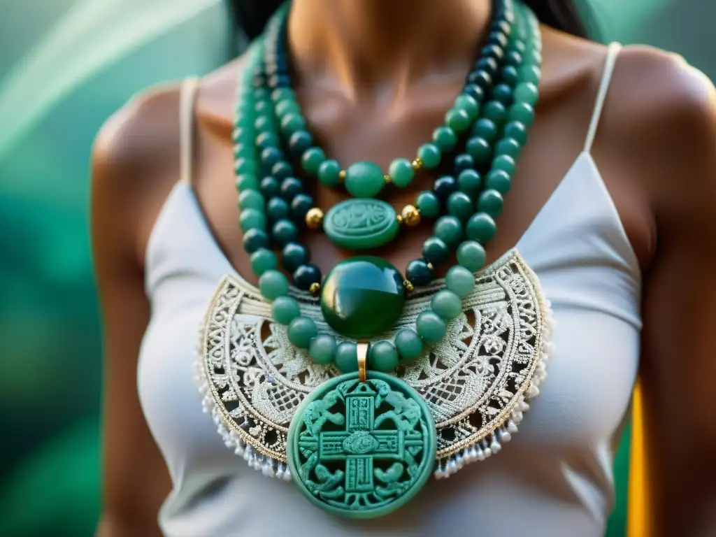 Una joya maya espiritual: detalle de un collar de jade con símbolos divinos y figuras, reflejo de riqueza y estatus