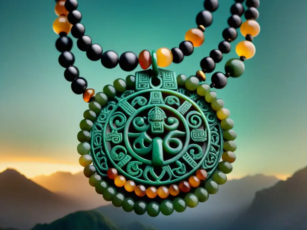 Una joya maya sagrada: collar de jade con detalles tallados y símbolos, sobre escultura obsidiana