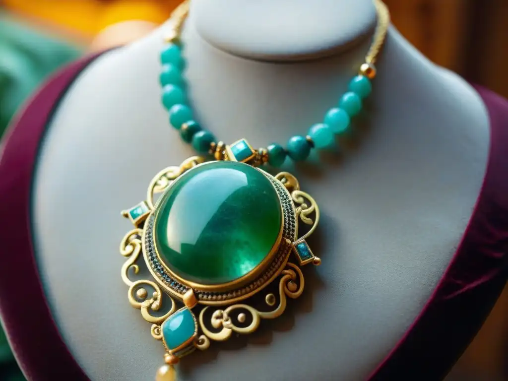 Una joya maya de significado cultural: collar de jade, turquesa y oro sobre cojín de terciopelo